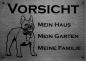 Preview: Edelstahl Warnschild Französische Bulldogge French Bulldog VORSICHT Mein Haus mein Garten meine Familie